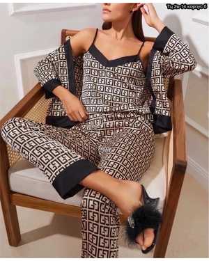 Женская Пижама ТРОЙКА под шелк в комплект майка-брюки-Рубашка размеры: 42-44-46-48-50 (М/L/XL)