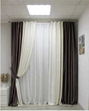Комплект штор Ткань Плотный мрамор + тюль белая вуаль Размер 4 м ширина 2,7 высота