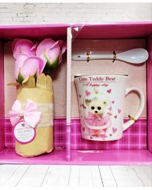 Набор подарочный: кружка с ложкой+букет роз Cute Teddy Bear