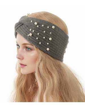 Зимняя тёплая шерстяная вязаная повязка на голову с бусинами