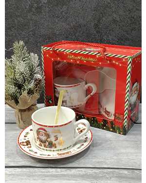 Новогодняя подарочная кружка В наборе 1шт чашки 210мл 1шт блюдец 1 шт чайная ложка