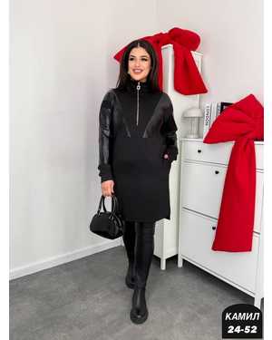 ПЛАТЬЕ ТКАНЬ КРЕПУН С КОЖАНЫМИ ВСТАВКАМИ