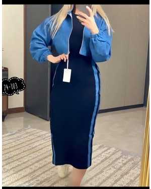 ЖЕНСКИЙ КОСТЮМ ДВОЙКА ТКАНЬ ДЖИНСЫ, ТРИКОТАЖ