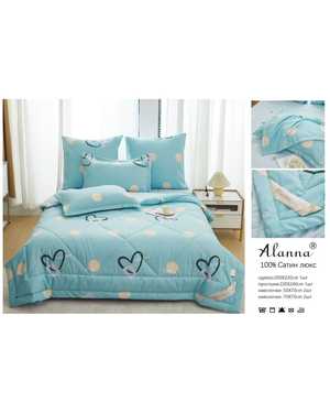 Комплект постельного белья с готовым одеялом. качество ткани: сатин плотность 150г/м2 наполнитель одеяло: 15% шелк, 85% микрогель(возможно замена на похожее)