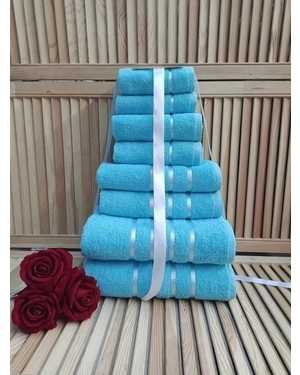 Комплект из восьми полотенец Материал: Махра Состав: 100% хлопок Плотность: 400г/м Размер: 70*130- 2 шт, 50*80 - 2 шт, 30*60 - 2 шт, 30*30 - 2 шт